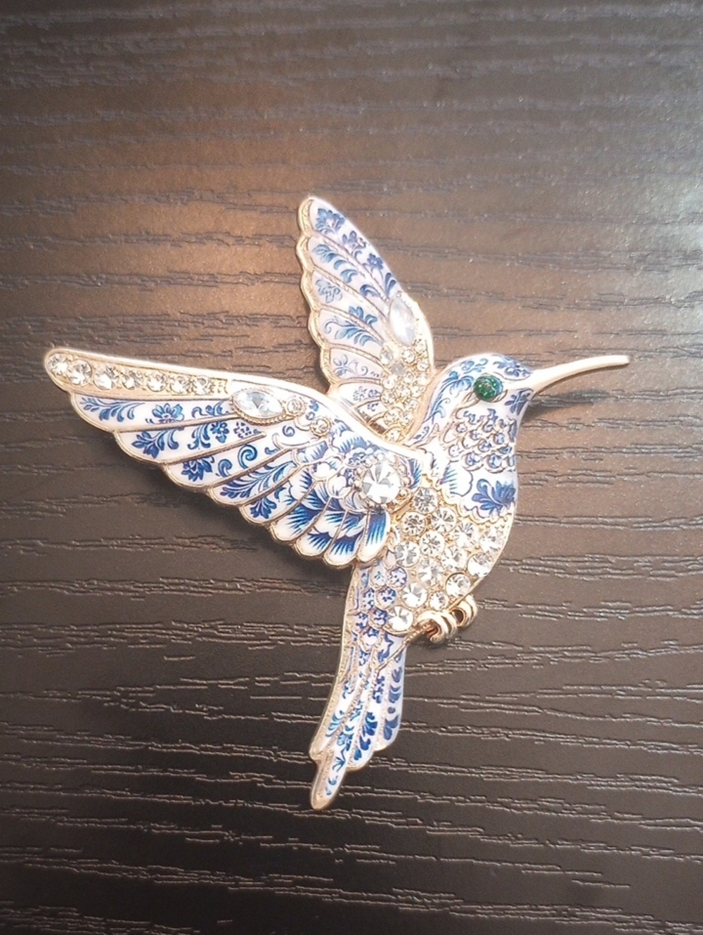 Delft Blue White Golden Rhinestone Hummingbird Brooch Pin